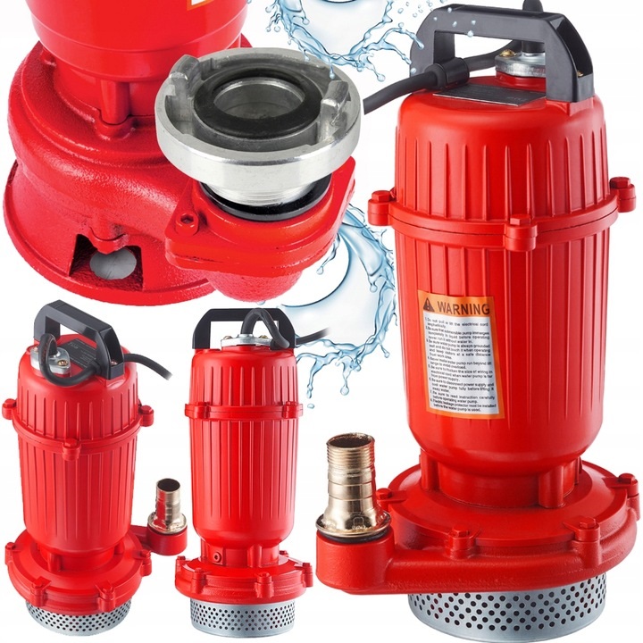 Widoczne różne ujęcia tego samego modelu pompy, w tym zbliżenia na detale takie jak wylot z gwintem oraz tabliczka z napisem „A WARNING”. 